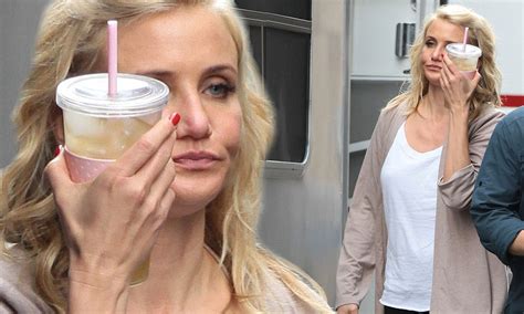 Cameron Diaz Hides Her Bare Face Behind An Iced Tea Before Hair And