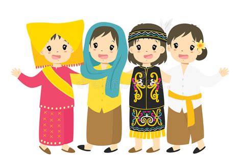 Indonesian Girls Wearing Traditional Dress Cartoon Vector Stock Vector