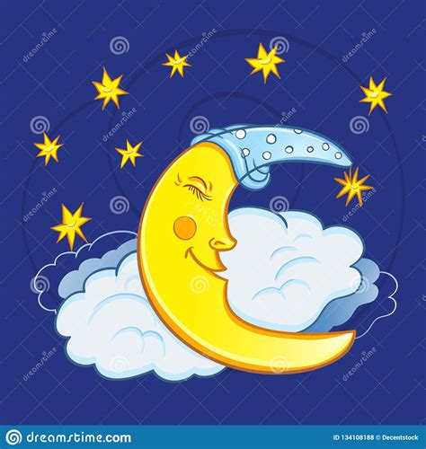 Moon Sleeping On A Cloud With Stars In The Night Sky Cute Cartoon Moon