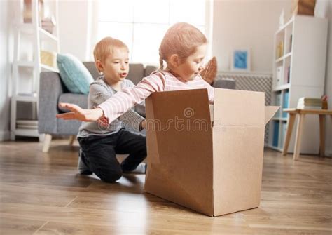 Niños Lindos Jugando Con Caja De Cartón En La Sala De Estar Foto De Archivo Imagen De Empuje