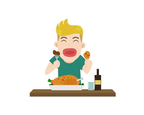 Vector Illustration Of A Boy Enjoy Eating Meal Yummy On Table