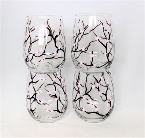 Hand Painted Stemless Wine Glasses With Cherry Blossoms Set Etsy