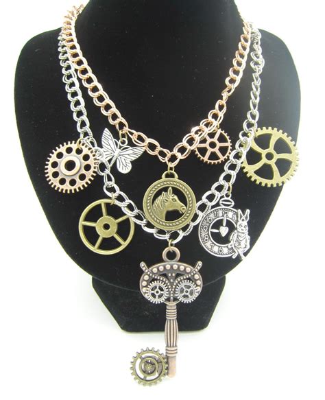 Two Rows Chain Layered With Mult Gears And Animal Charms Owl Look Key