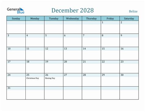 December 2028 Monthly Calendar With Belize Holidays