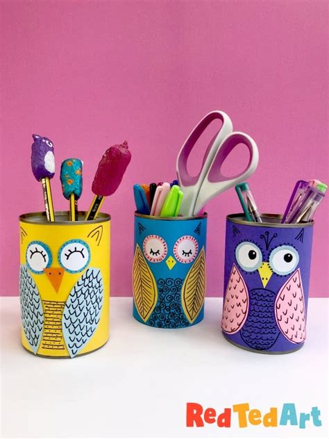 Easy Diy Tin Can Owls Desk Tidy For Kids Red Ted Art