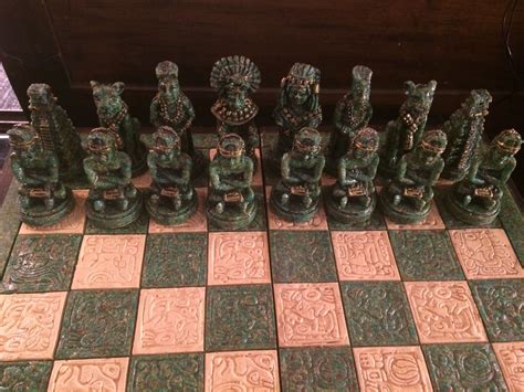 Antique Wood and Stone Mayan/Mexican Chess Set ... The light colored chess pieces feature an antique ivory finish.