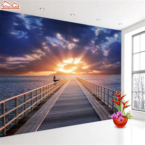 Shinehome Large Custom Wallpapers 3d Living Room Road Sea Bridge Sunset