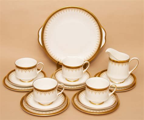 Paragon Athena Fine Bone China Tea Set Cups Saucers Side Plates Cake Plate Jug White And Gold