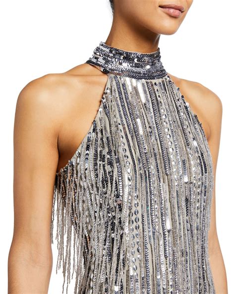 One Social Beaded Fringe Halter Neck Flapper Dress In Beaded