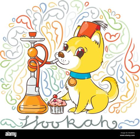 Happy Golden Cartoon Puppy Smoking Hookah In Turban Cute Little Dog