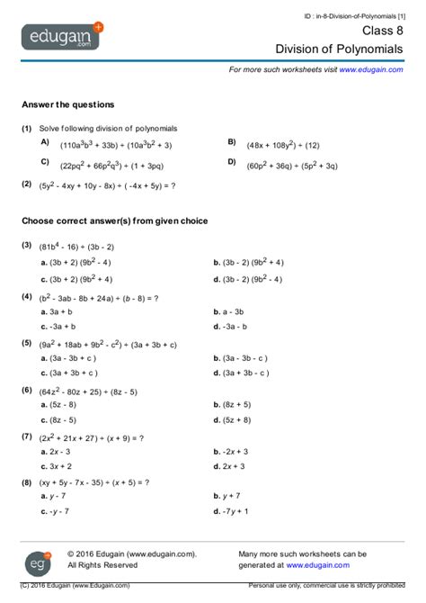 These algebra worksheets are a great resource for children in the 4th grade, and 5th grade, 6th grade, 7th grade, and 8th grade. Grade 8 Math Worksheets and Problems: Division of Polynomials | Edugain Philippines