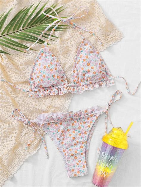 Ditsy Floral Triangle Tie Side Bikini Swimsuit SHEIN USA Floral