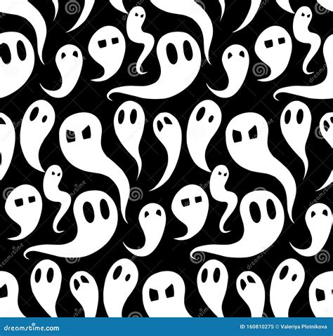 Seamless Pattern With White Cartoon Ghosts With Emotions Spirits In