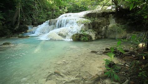 Jungle Landscape With Flowing Turquoise Water Of Erawan Cascade