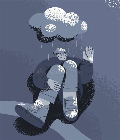 Sad Unhappy Person In Depression And Despair Under Cloud And Rain