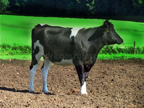 Black And White Spotted Cow On The Edge Of A Meadow Stock Photo Image