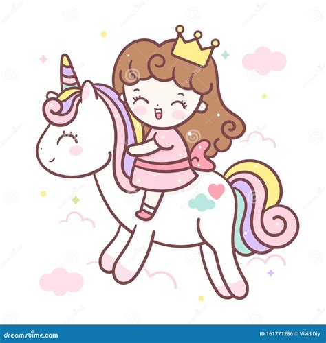 Cute Unicorn Vector Princess Cartoon Little Girl Kawaii Character