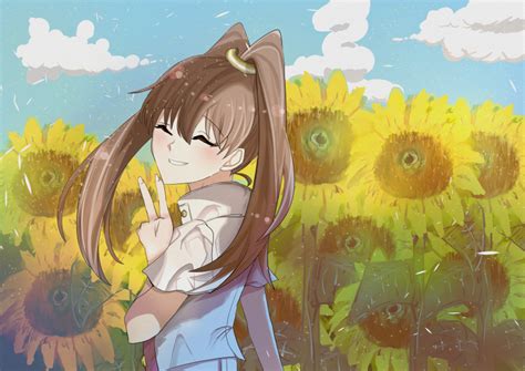 Amano Nene Digimon Absurdres Highres 1girl Eyes Closed Flower Smile Sunflower Twintails