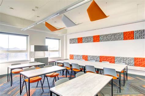 Brightly Coloured Acoustic Panels To Ceilings Installed By School