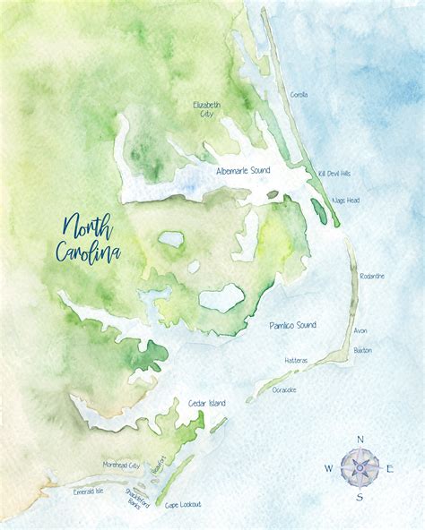 Coastal Nc Watercolor Map Etsy