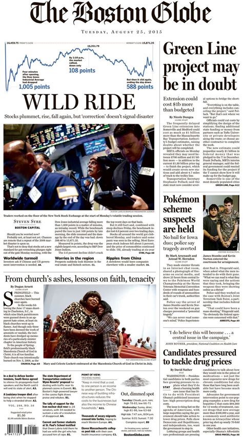 Boston Globe Front Page August 25 2015 Boston Globe Globe Boston