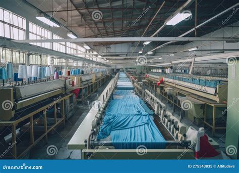 Textile Factory With Rows Of Machines And Workers Producing Fabric For