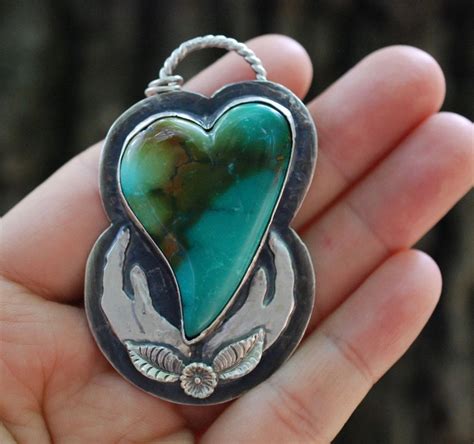 Turquoise Heart Pendant Sterling Silver Necklace Artisan Jewelry