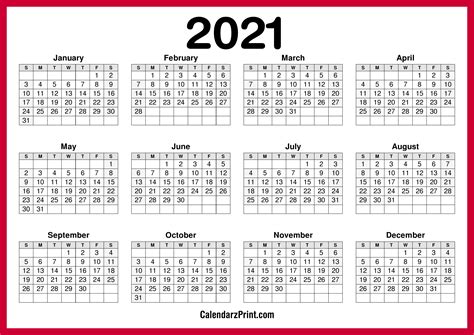 2021 Calendar Printable Free Horizontal Hd Red