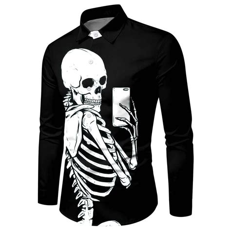 glitter camisa masculina festa de halloween osso impresso camisa de manga longa turn down collar