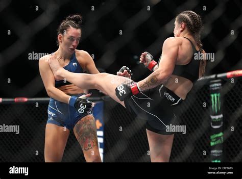 Casey O Neill Left And Jennifer Maia In Action During Their Flyweight Bout During UFC At