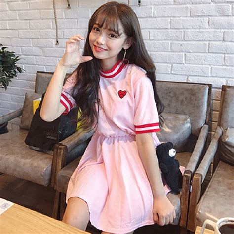 summer pink preppy dress cute new short sleeved casual fashion harajuku cute japanese new love