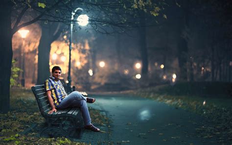 Adult Bench Blur City Fog Light Man Mist Night Outdoors Park