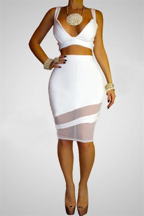Sexy Women Two Piece Outfits 2015 Spaghetti Strap White Dress V Neck 2