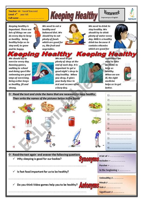 Keeping Healthy Esl Worksheet By Youper7