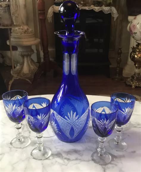 Vintage Bohemian Czech Decanter Wine Set Cobalt Blue And 6 Glasses Hand Painted 149 99 Picclick