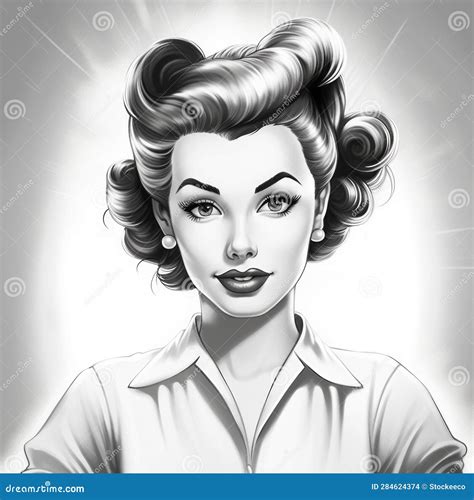 Retro Girl Illustration Realistic Lighting And Detailed Shading On Black And White Paper Stock