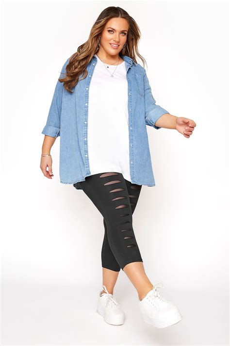 Plus Size Yours For Good Black Ripped Mesh Insert Cropped Leggings Cropped Leggings Plus Size
