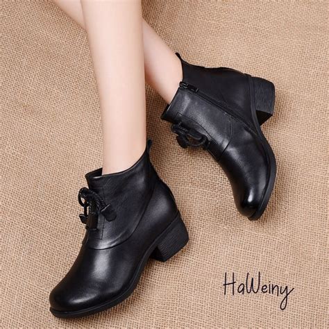 Genuine Leather Ankle Boots Retro Women Shoes Round Toe Etsy