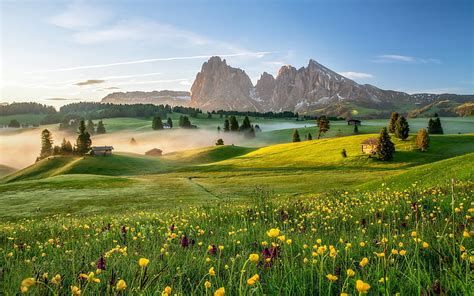 Italy Dolomites Mountains Meadows Fog Alps Europe Hd Wallpaper