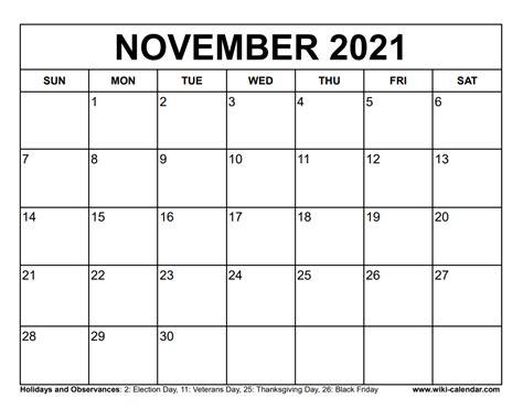 Free Printable November 2021 Calendar Template Brainstorminges