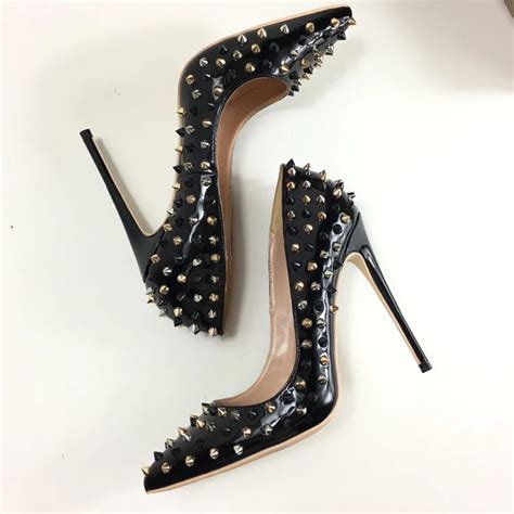 2018 New Fashion Patent Leather Rivets Studded High Heels 12cm Heels