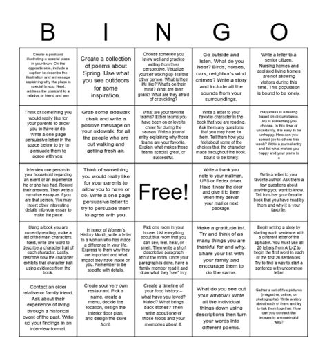 Writing Bingo Card