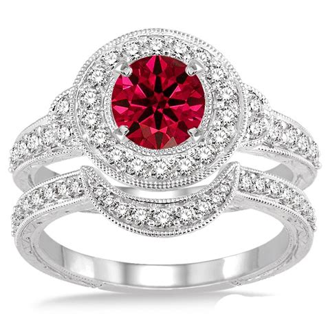 15 Carat Ruby And Diamond Antique Halo Bridal Set Engagement Ring On 10k