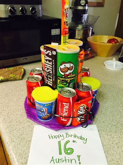 What to gift a 15 year old boy india. Pringles soda candy junk "cake" 16 year old boy birthday ...