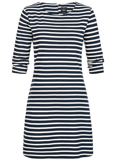 Kurzes kleid mit v ausschnitt aus einem luftigen viskose leinenmischgewebe. ONLY Damen NOOS 3/4 Arm Kleid Streifen Muster sky captain ...