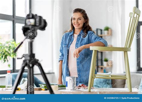 Woman Or Blogger Showing Old Chair Renovation Stock Image Image Of