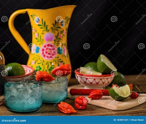 Cocktail Beverage Arrangement With Fresh Citrus And Peppers Stock Image