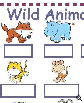 A bear, a camel, a cow, a fish, a turtle, an elephant, a gorilla, a hippo, a horse, a lion, a panda, a rabbit, a penguin, a duck, a frog. Wild Animals Worksheet