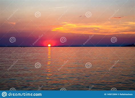 Beautiful Sunset Over Adriatic Sea Near Starigrad In Croatia Stock