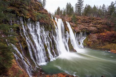 Beautiful View Of The Loud And Wet Burney Falls On A Cloudy Autumn Day